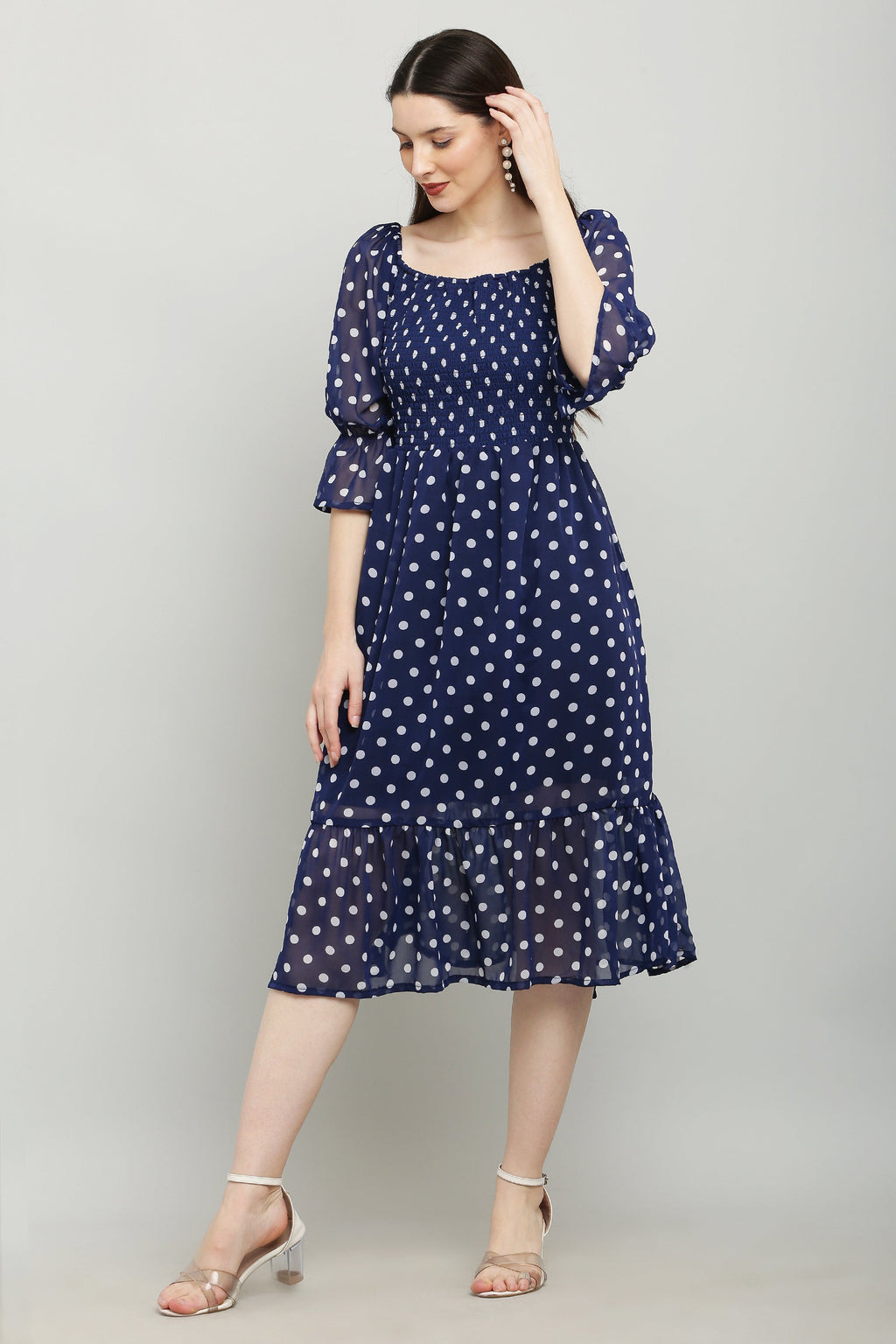 PAVONINE Polka Dots Body Kansai Navy Blue Dress For Women | Grocsy