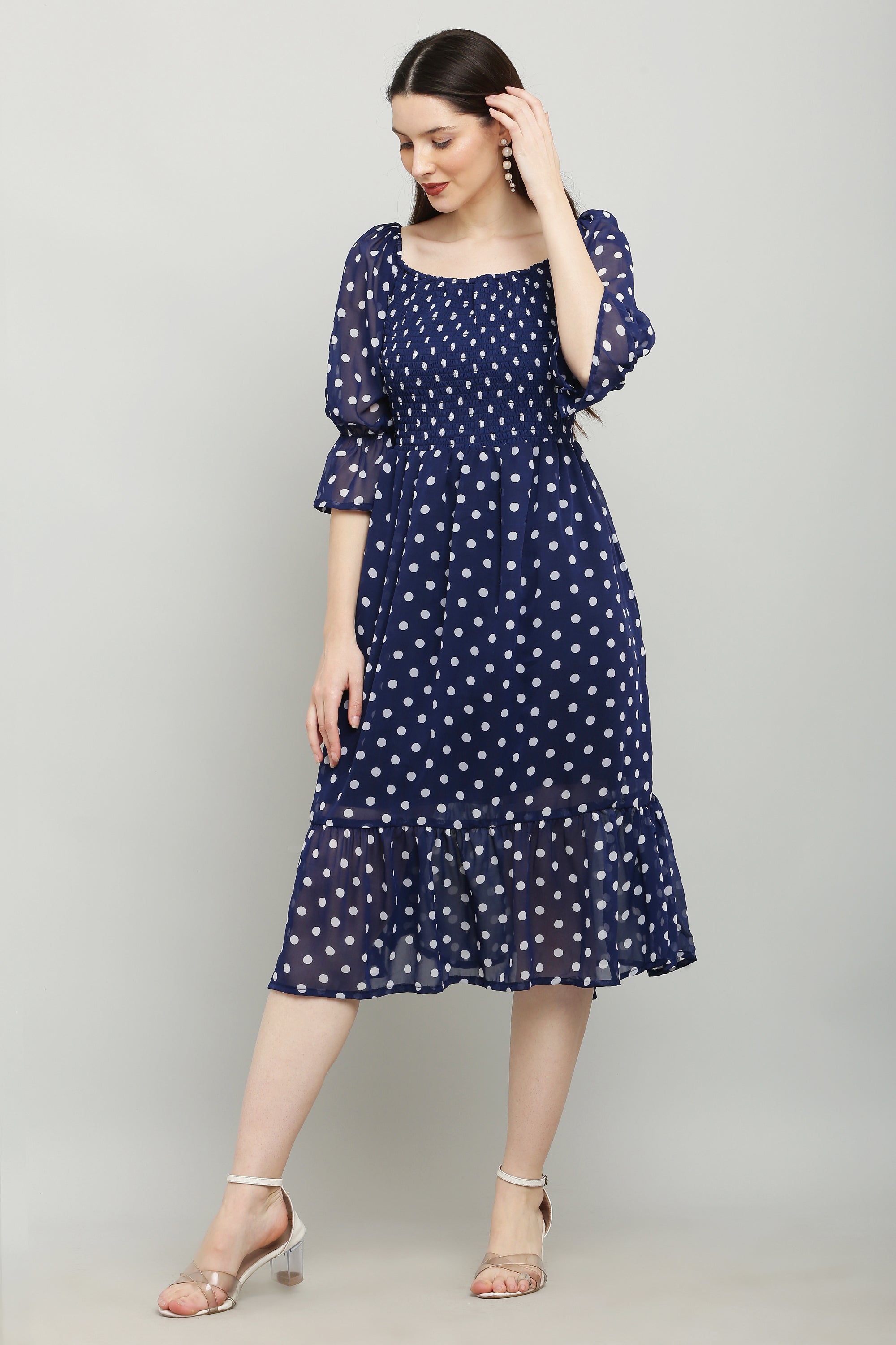 PAVONINE Polka Dots Body Kansai Navy Blue Dress For Women | Grocsy