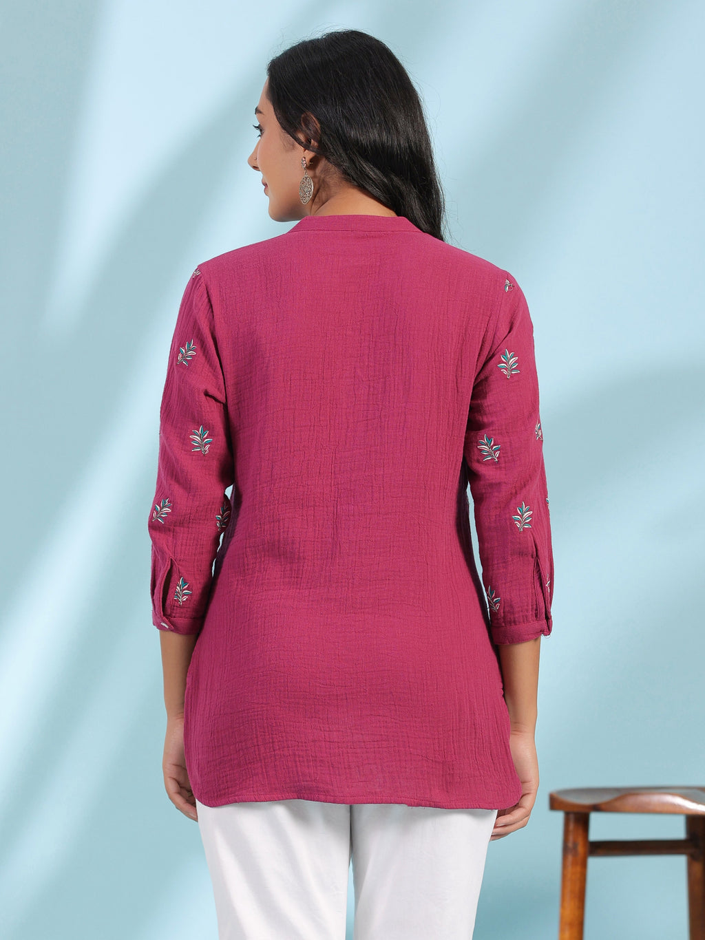 Juniper Women Wine Double Gauze Embroidered High-Low Tunic | Grocsy