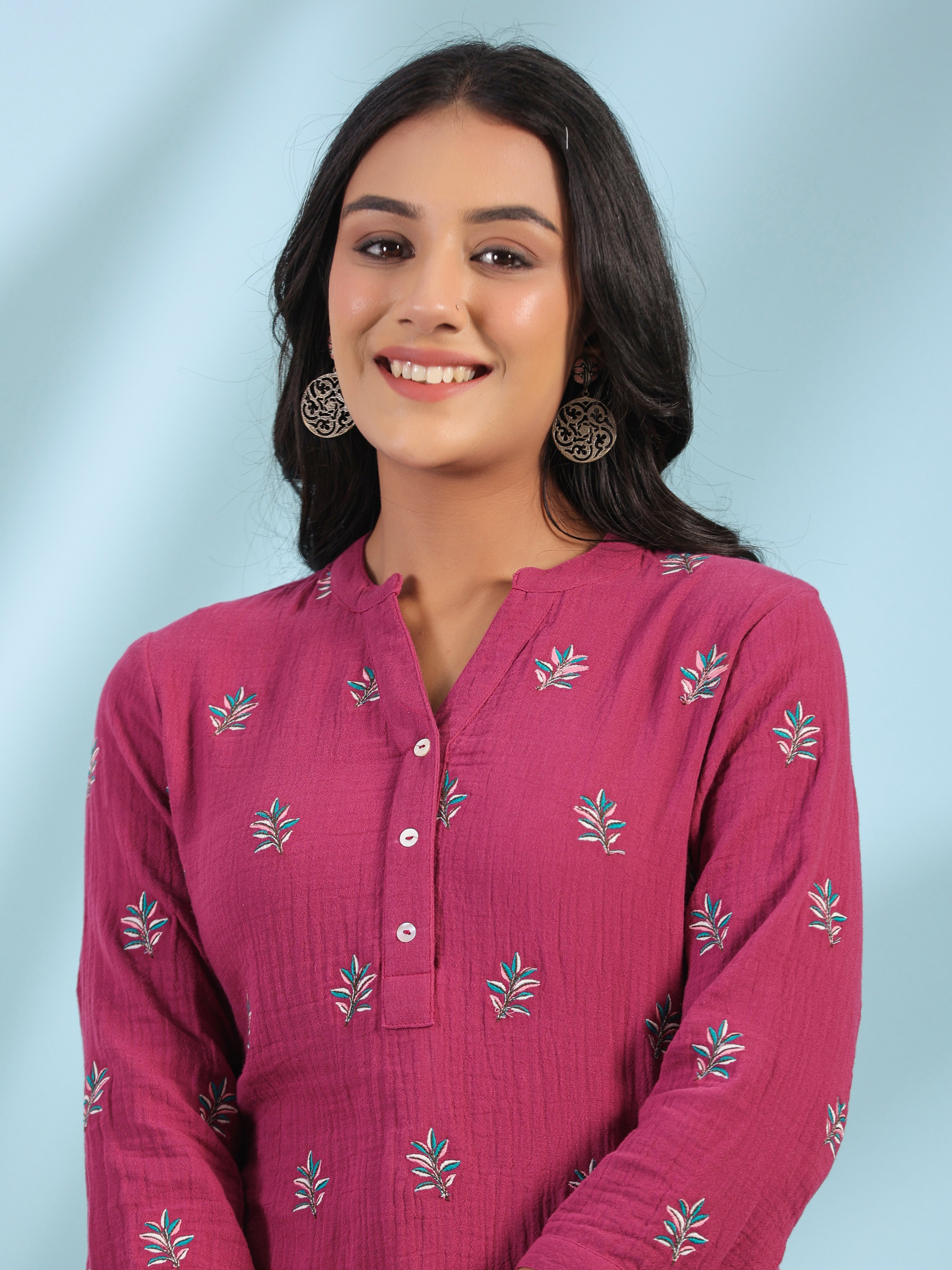 Juniper Women Wine Double Gauze Embroidered High-Low Tunic | Grocsy