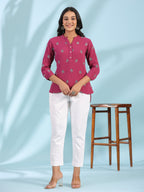 Juniper Women Wine Double Gauze Embroidered High-Low Tunic | Grocsy