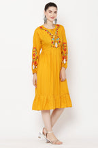 PAVONINE Mustard Color Flower Embroidery Dress For Women | Grocsy
