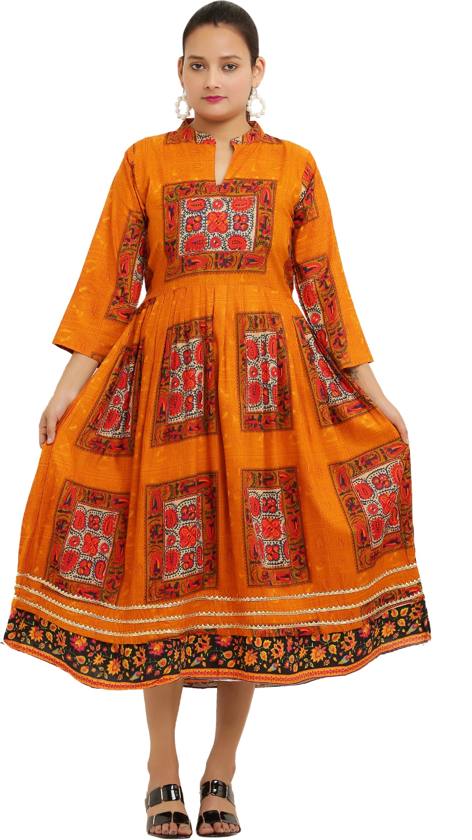 PAVONINE Jaipuri Block Print Mustard Color Dress For Girls & Women | Grocsy