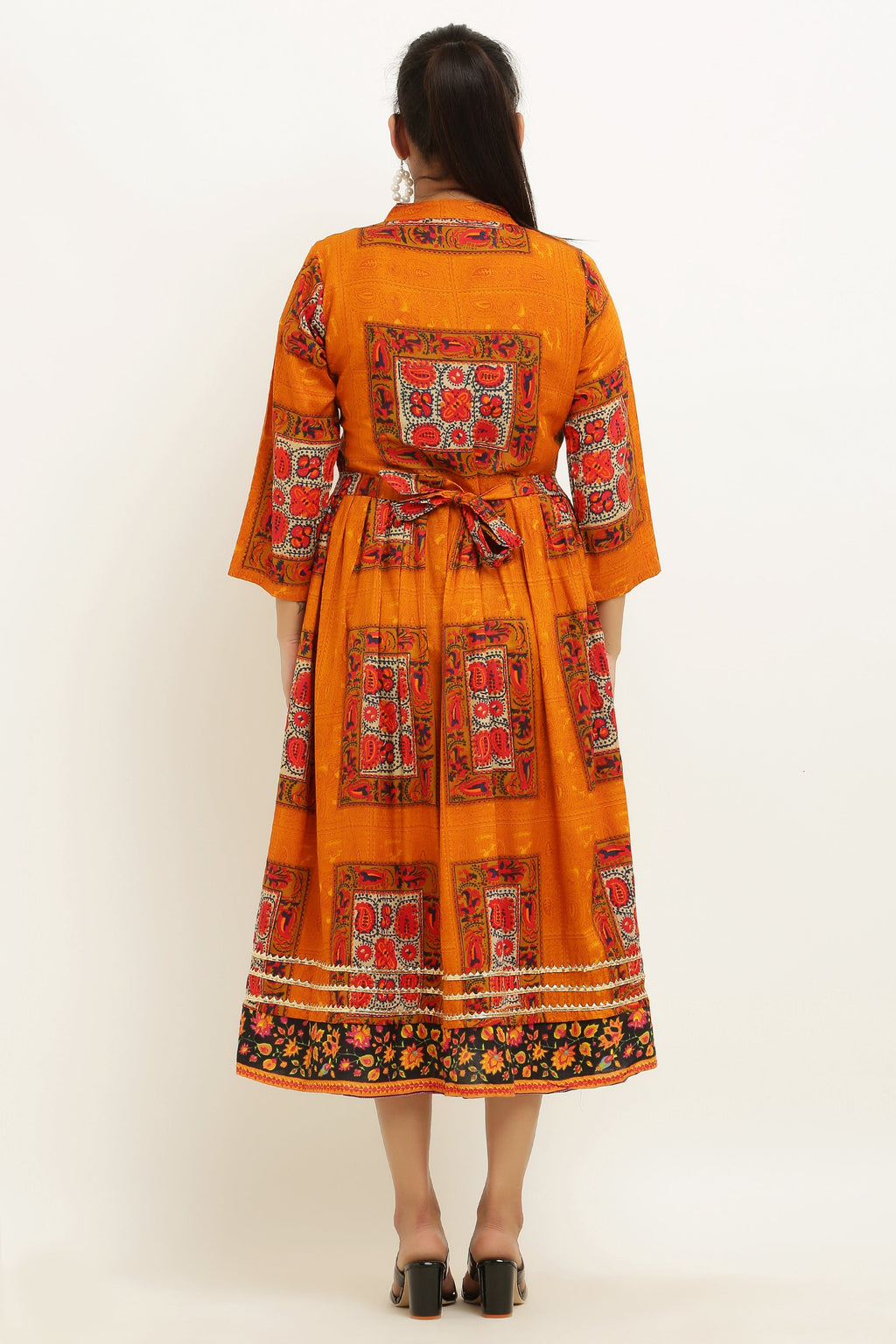 PAVONINE Jaipuri Block Print Mustard Color Dress For Girls & Women | Grocsy