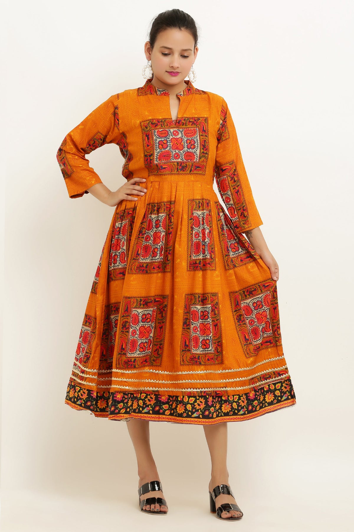 PAVONINE Jaipuri Block Print Mustard Color Dress For Girls & Women | Grocsy