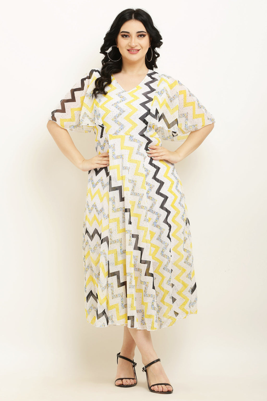 PAVONINE Zig-Zag Printed Georgette Fabric Yellow Dress For Women | Grocsy