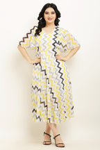 PAVONINE Zig-Zag Printed Georgette Fabric Yellow Dress For Women | Grocsy