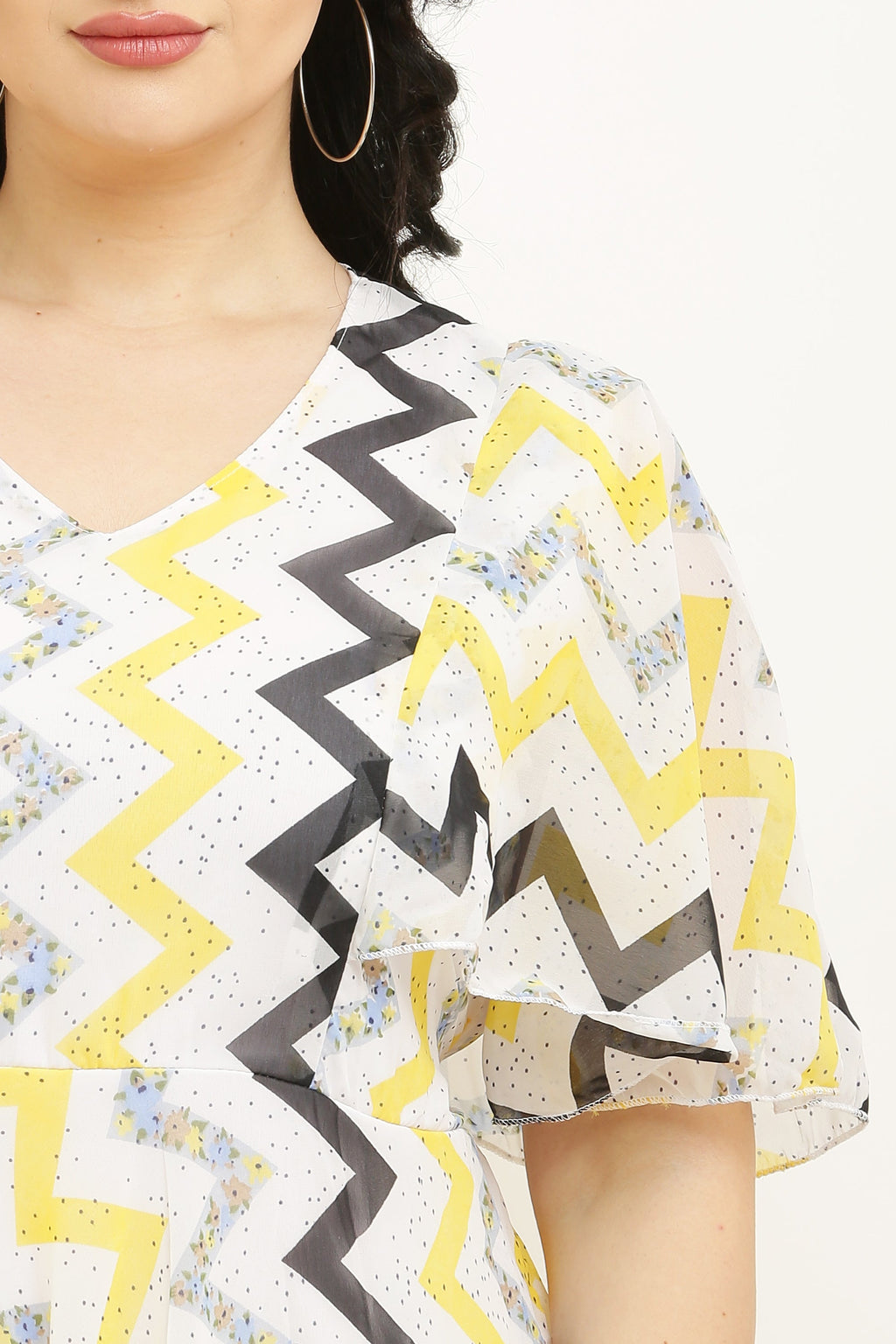 PAVONINE Zig-Zag Printed Georgette Fabric Yellow Dress For Women | Grocsy