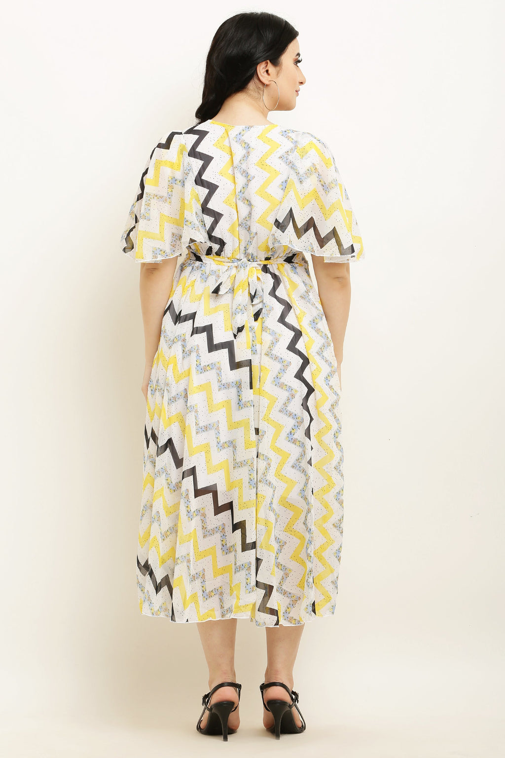 PAVONINE Zig-Zag Printed Georgette Fabric Yellow Dress For Women | Grocsy