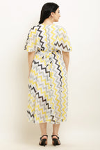 PAVONINE Zig-Zag Printed Georgette Fabric Yellow Dress For Women | Grocsy