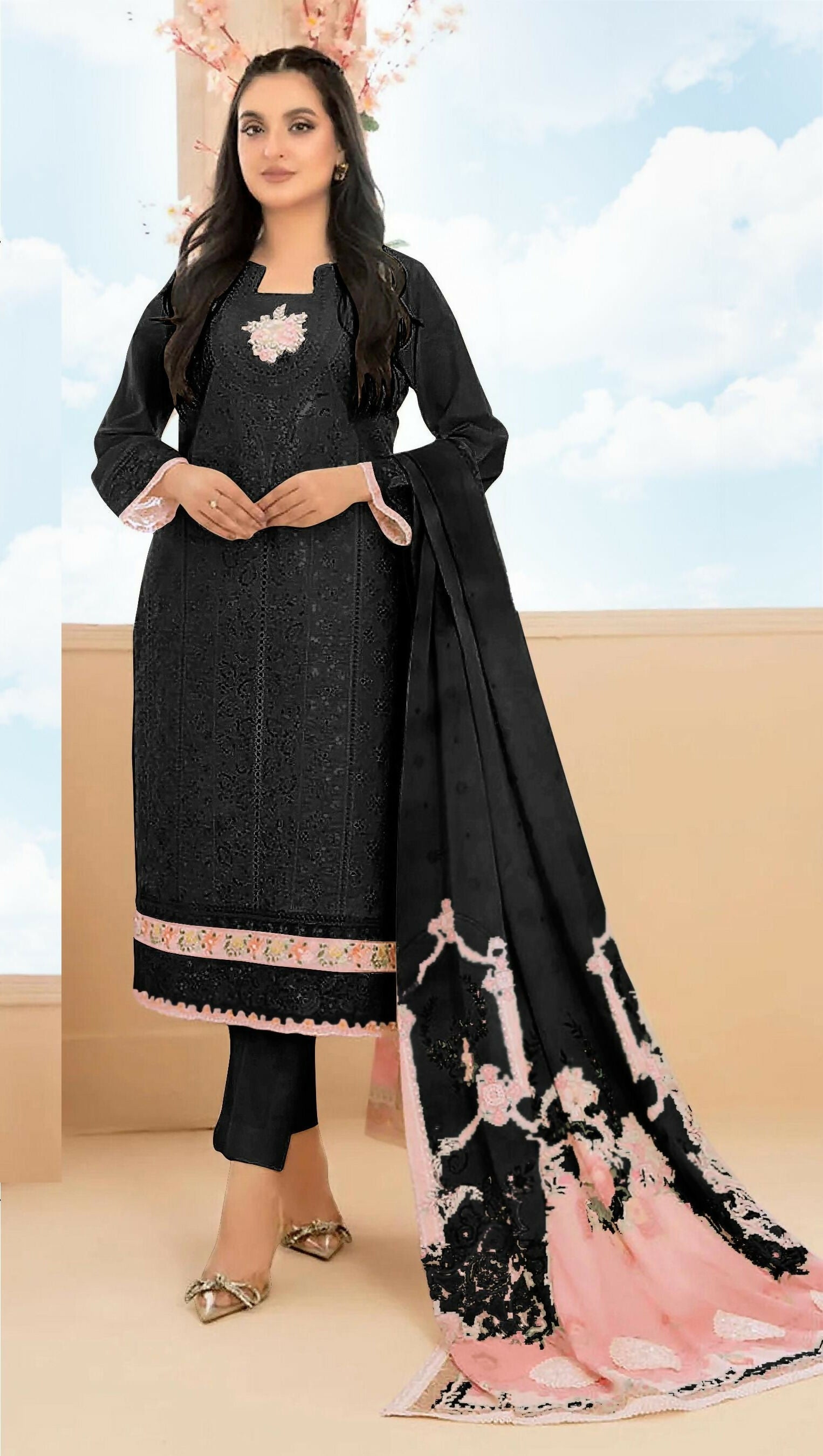 Anaita Black Cambric Cotton Stitched Suit with Embroidery & Sequence Work | Grocsy