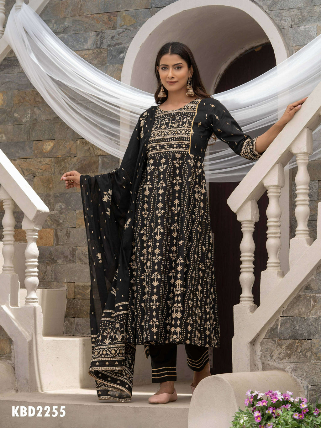 Black Cotton Cambric Printed with Sequins work Anarkali Kurta with Pant & Dupatta - Akashara | Grocsy