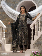 Black Cotton Cambric Printed with Sequins work Anarkali Kurta with Pant & Dupatta - Akashara | Grocsy