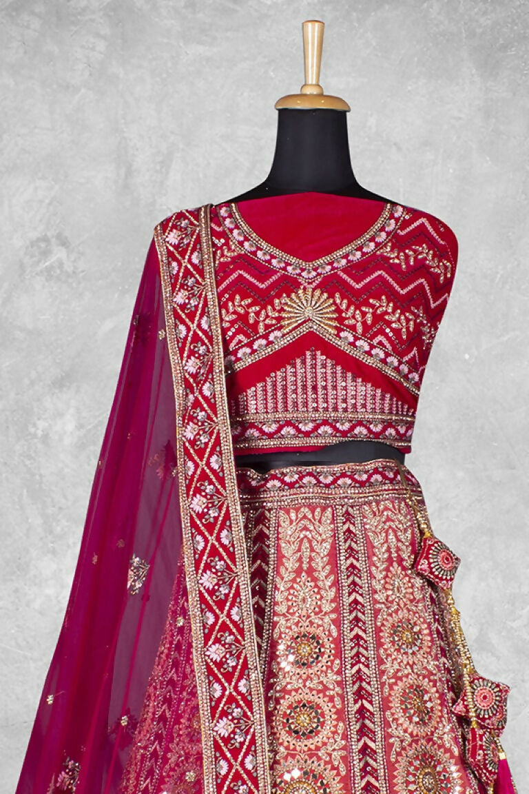 Red Velvet Pure Mirror Work Semi Stitched Lehenga Choli with Dupatta - Nimaya Lagnotsav | Grocsy