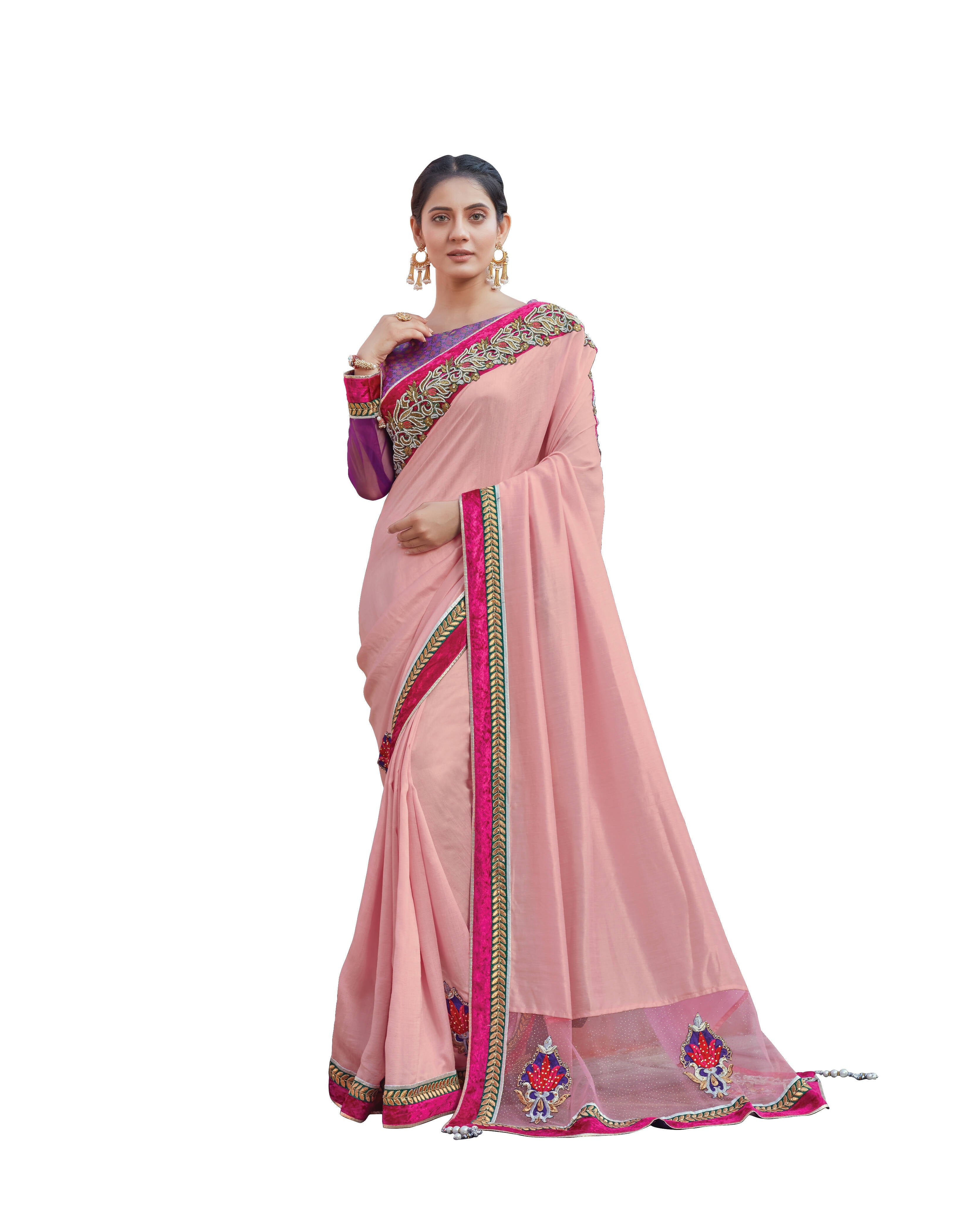 Pink Colored Silk Georgette Embroidered Saree With Blouse - Norita Royal Adveka | Grocsy