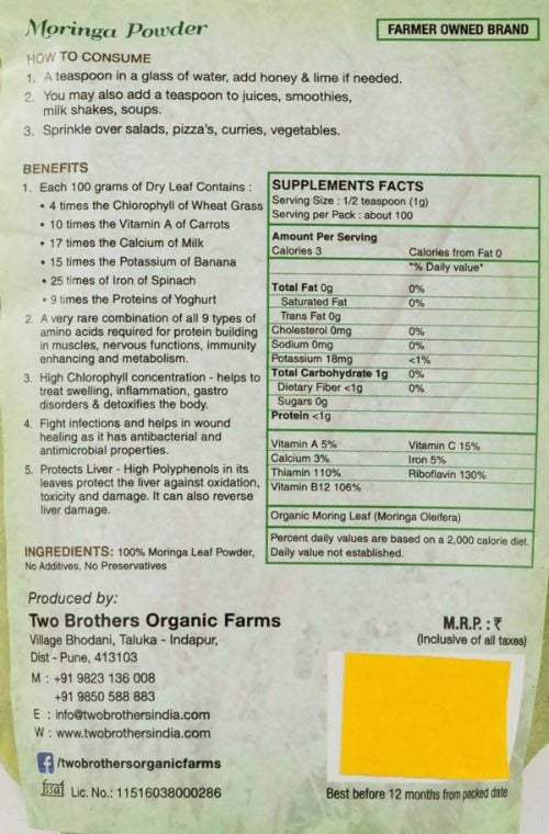Two Brothers Organic Farms Moringa Powder | Grocsy