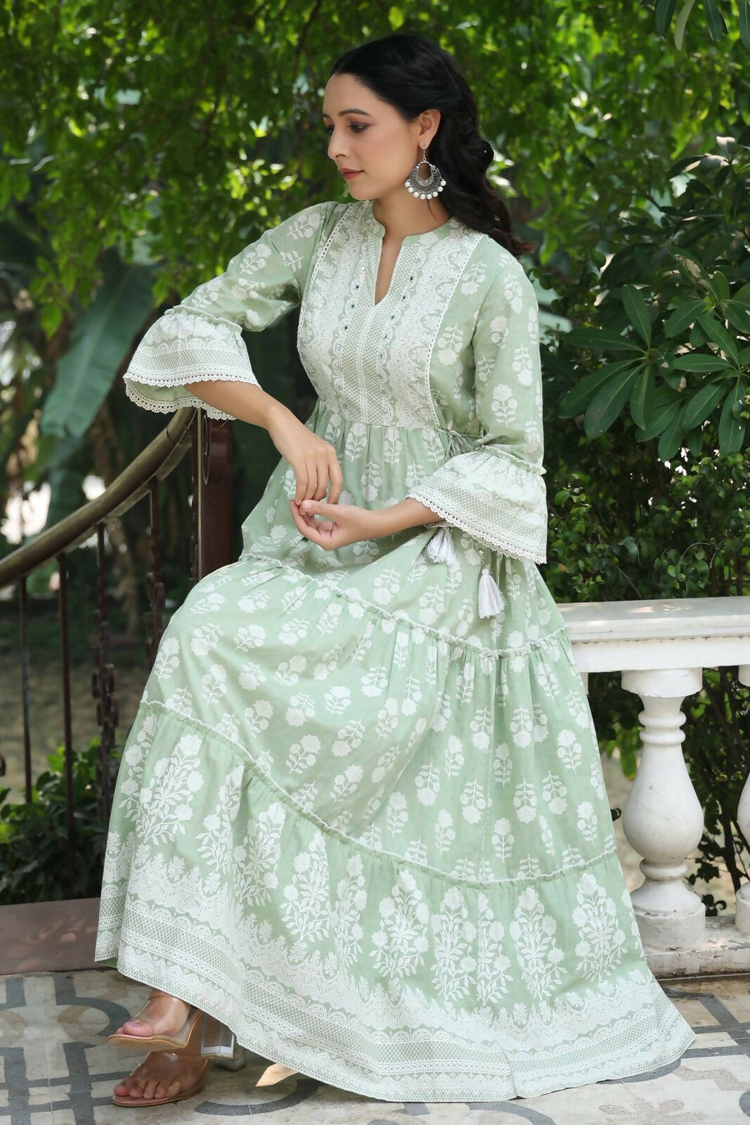 Juniper Women's Green Cambric Floral Printed Maxi Tiered Dress | Grocsy
