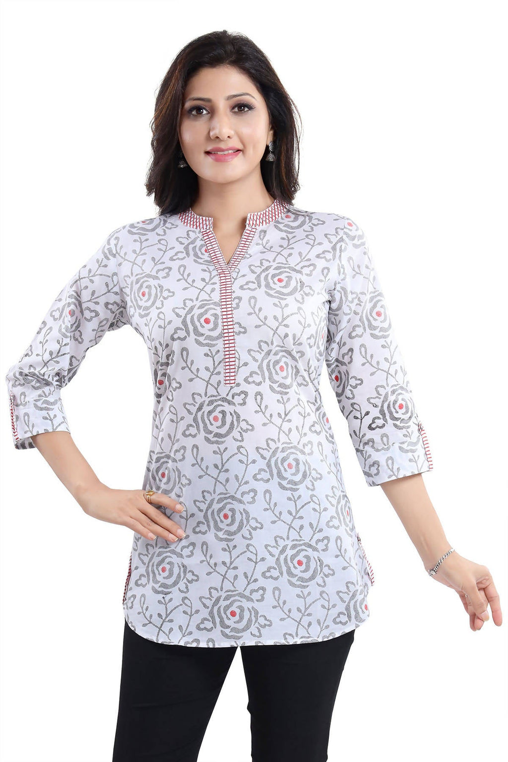 Snehal Creations Vibrant Vigour White Cotton Printed Short Tunic Top | Grocsy