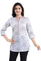 Snehal Creations Vibrant Vigour White Cotton Printed Short Tunic Top | Grocsy