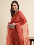 Orange Chinon Silk Embroidered Straight Kurta with Trouser & Dupatta - Salimar | Grocsy