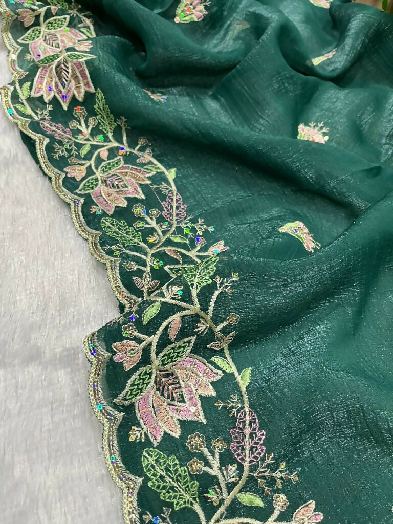 Vastranavya Gold Crunchy Multi Colour Threads Embroidery Work with Sequins Work Saree with Blouse material - Green | Grocsy