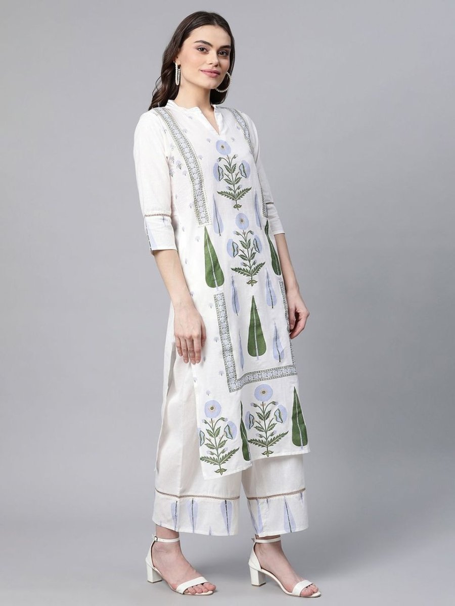 Ahalyaa Women Off White Colour Pure Cotton Printed Kurta Palazzo Set With Dupatta | Grocsy