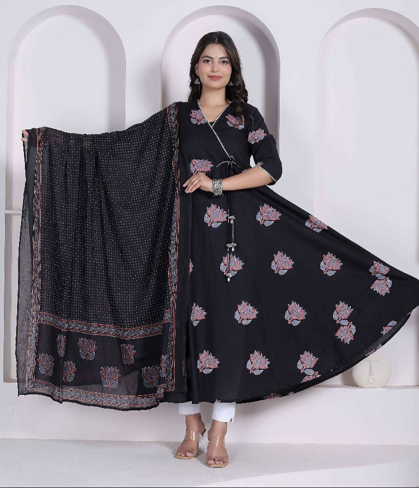 Miravan Black Printed Cotton Anarkali Kurta & Dupatta For Women | Grocsy