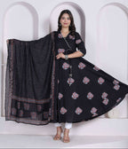 Miravan Black Printed Cotton Anarkali Kurta & Dupatta For Women | Grocsy