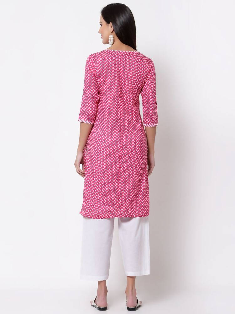 Myshka Women's Pink Cotton 3/4 Sleeve Round Neck Printed Casual Kurta | Grocsy