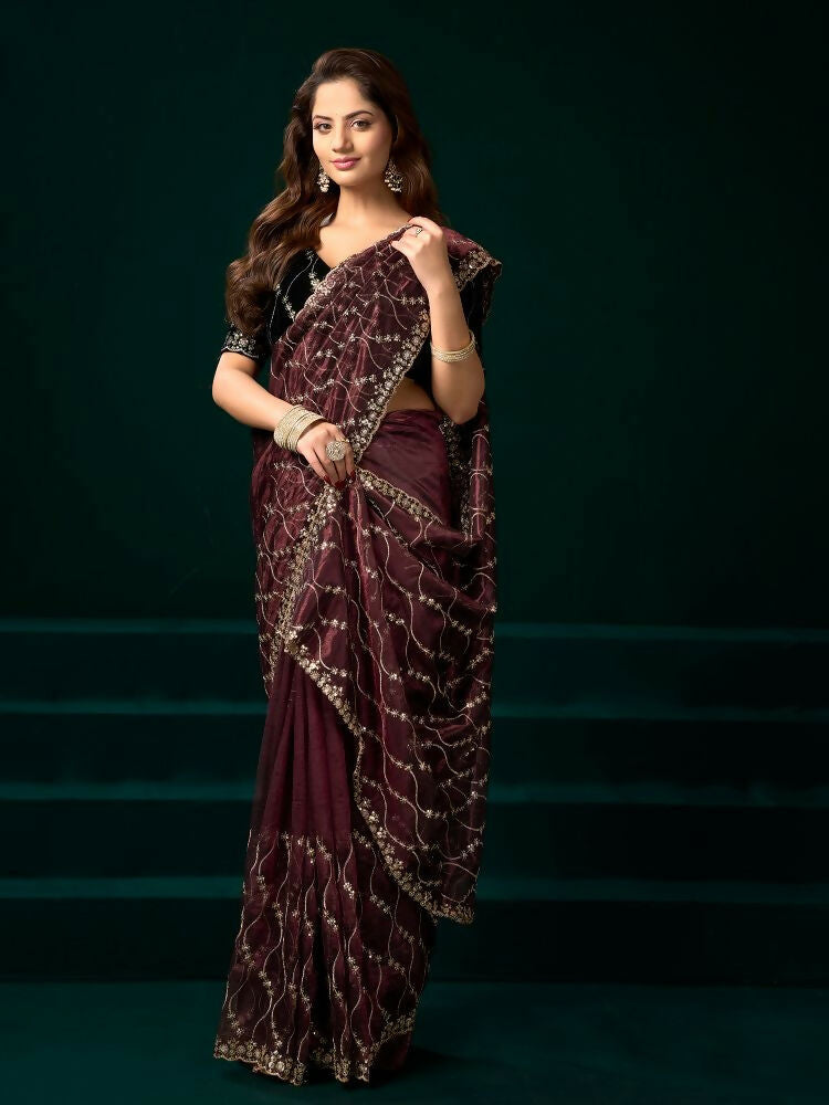Joban Fashion Maroon Net Party Wear Sarees | Grocsy
