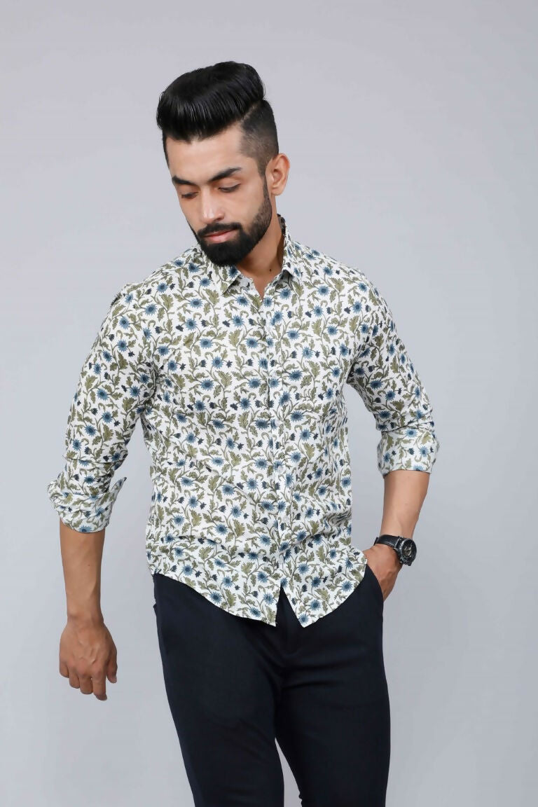 Miravan Men's White & Blue Floral Print Cotton Regular Fit Shirt | Grocsy