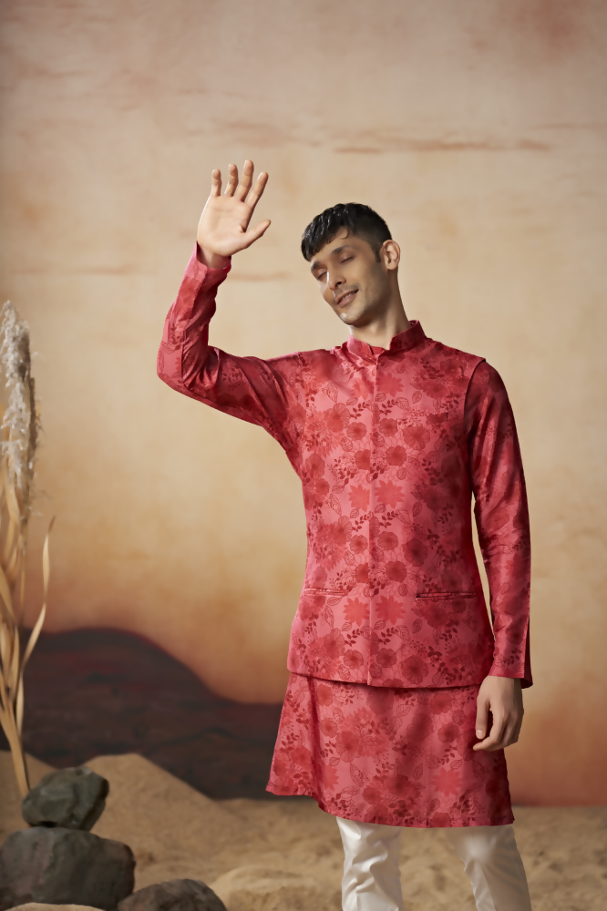 Floral Print Silk Nehru Jacket Set by Hilo Design | Grocsy
