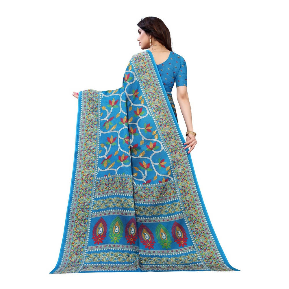 Vamika Printed Jute Silk Blue Saree (Rishika Blue) | Grocsy