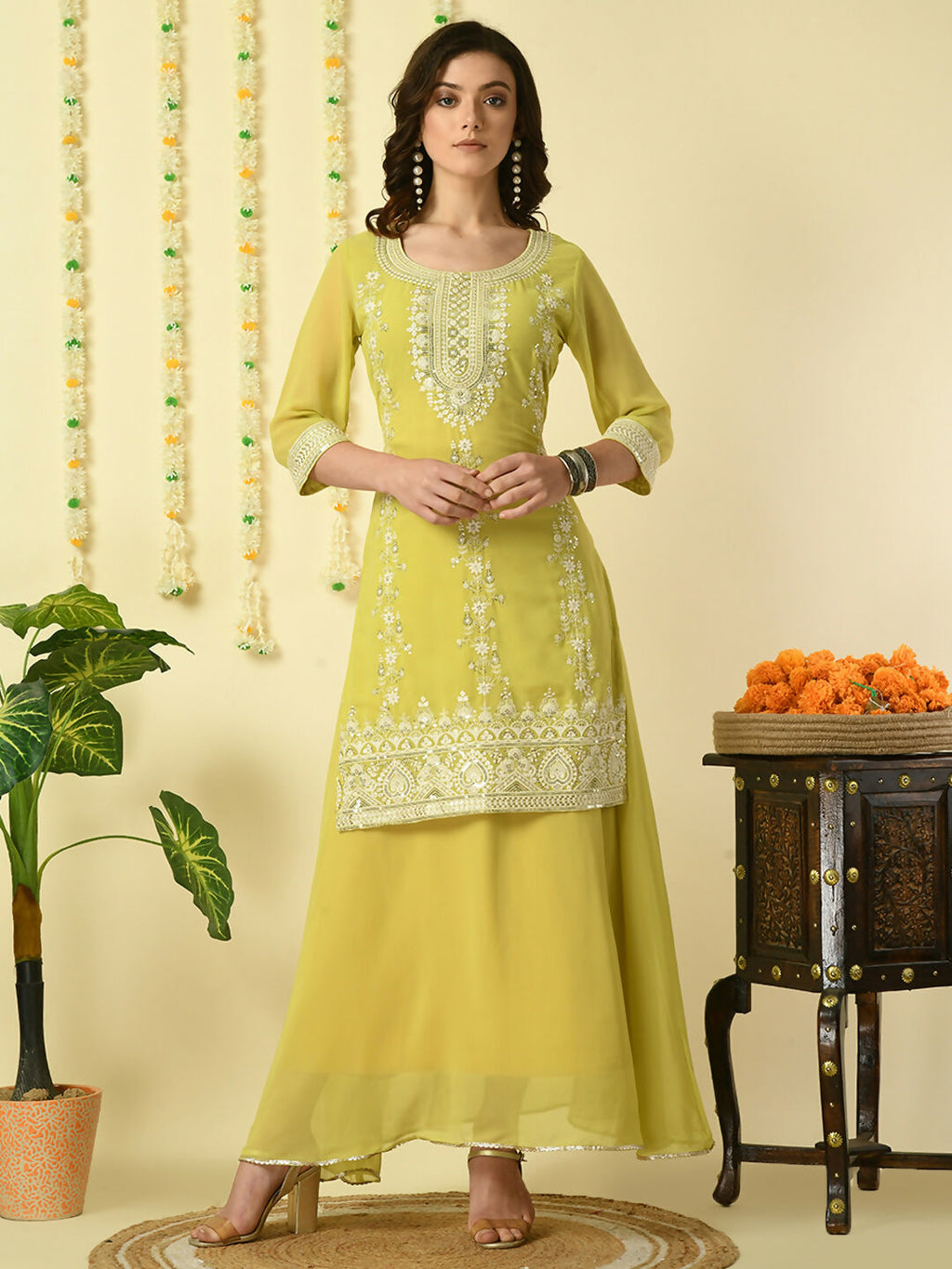 Myshka Women's Yellow Georgette Kurta & Skirt With Dupatta Party Sets | Grocsy