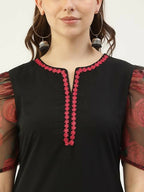 FIORRA Women's Black Crepe Straight Kurta Palazzo Set With Dupatta | Grocsy
