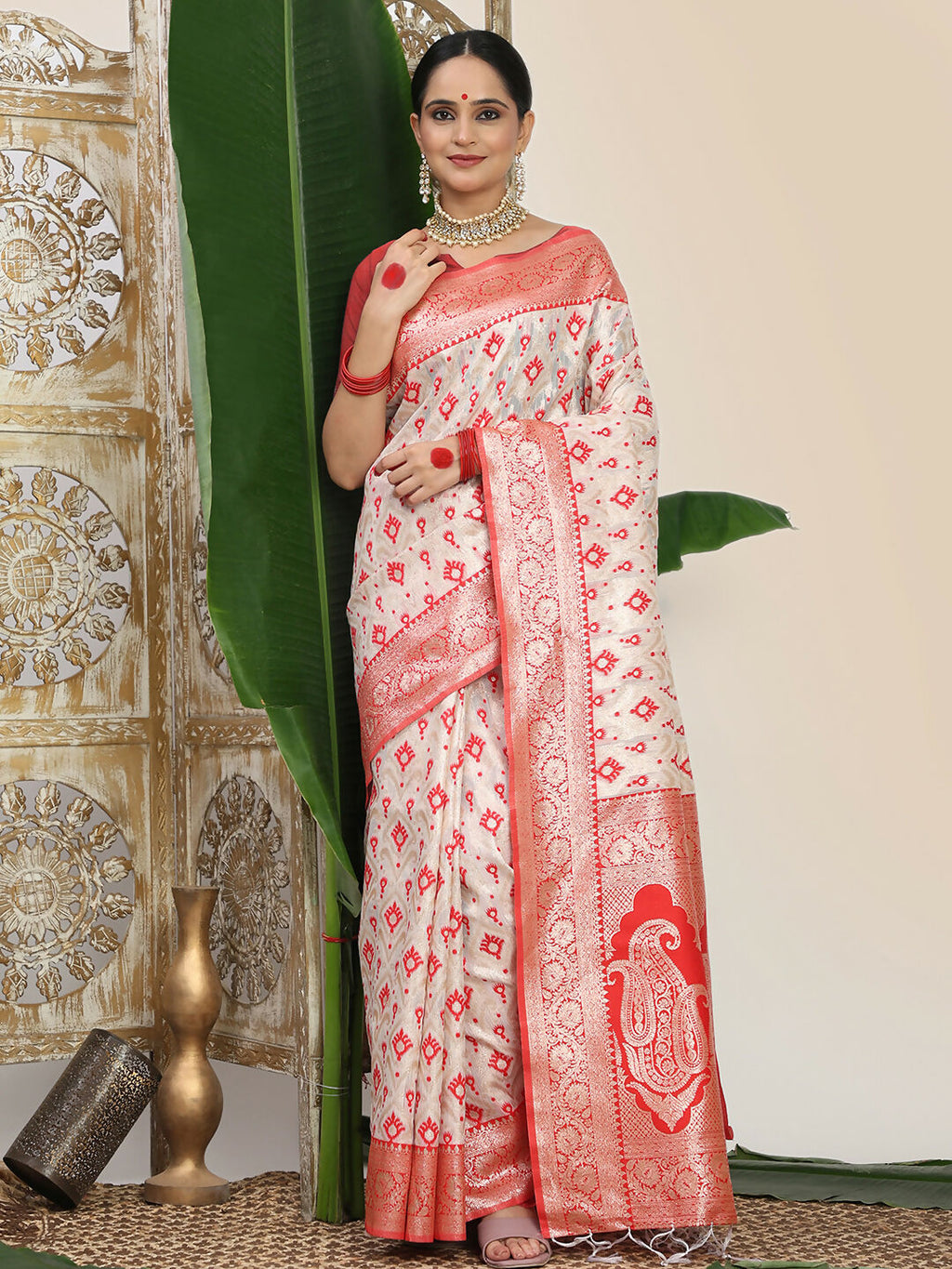 Shree Shyam Fashion Linen Cotton Red & White Saree | Grocsy