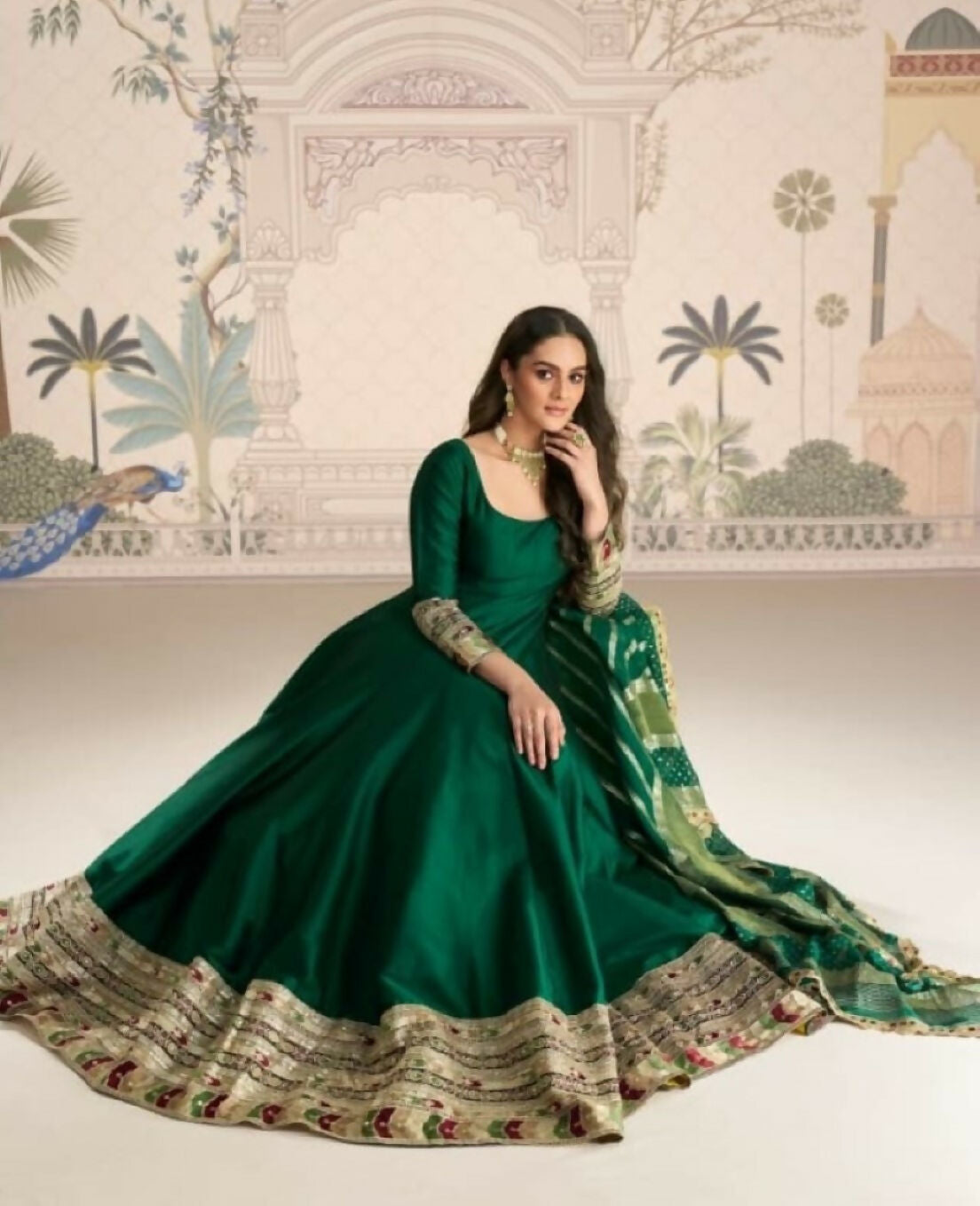 Anaita Dark Green Vichitra Silk Anarkali Suit with Embroidery Sequins | Grocsy