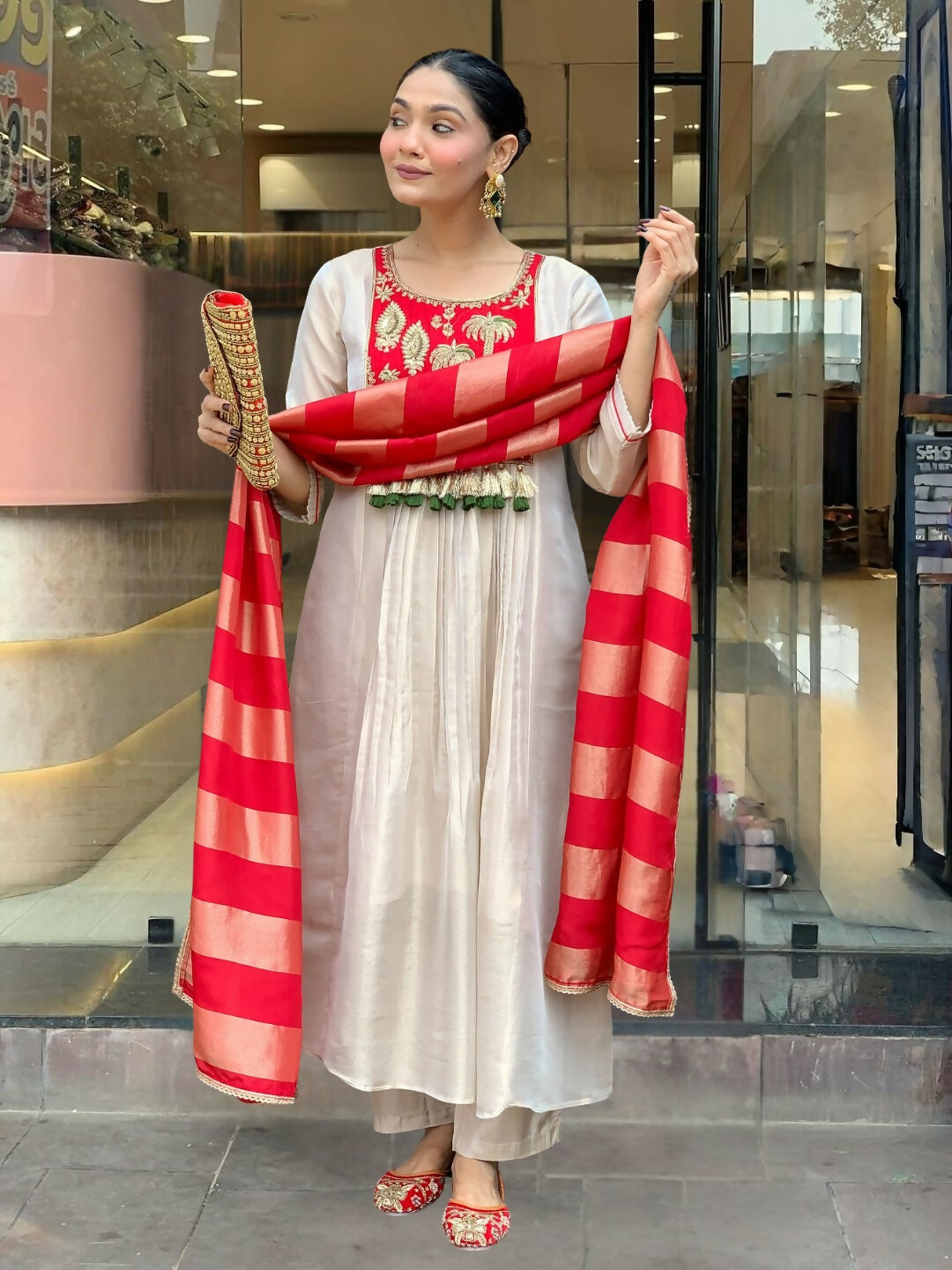 The52 Women's Gorgeous Embroidery Work Silk Fabric Flared Anarkali Pant and Dupatta Set-White | Grocsy