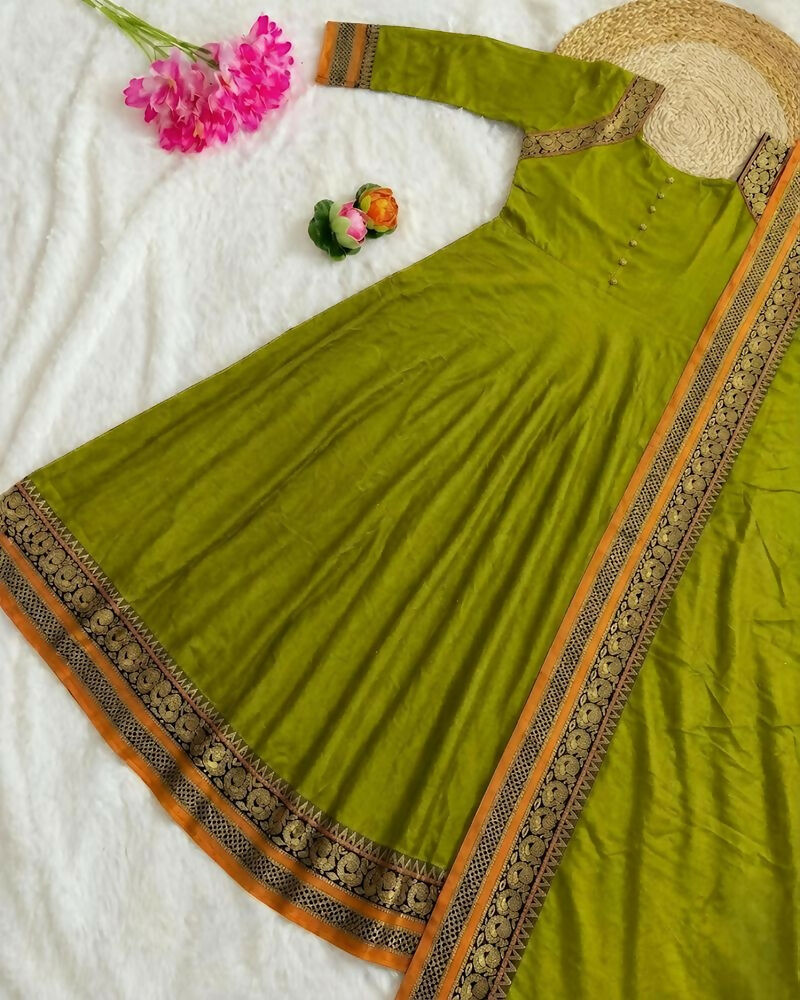 Teeya Creation New Trendy Stylish Olive Green Solid Anarkali Kurta with Traditional Golden Border Dupatta Set | Grocsy