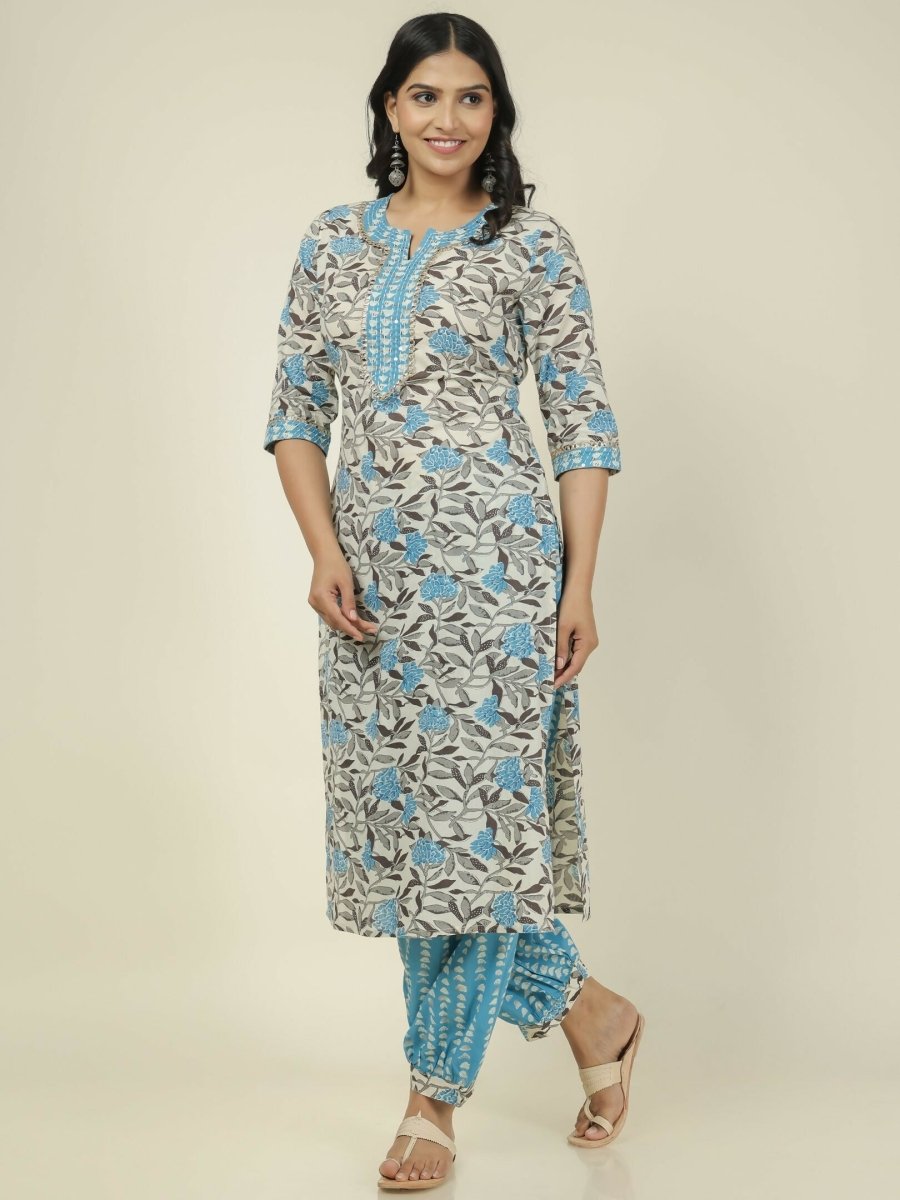 Aramya Cream Soft Cotton Floral Print Straight Kurta Set for Women | Grocsy