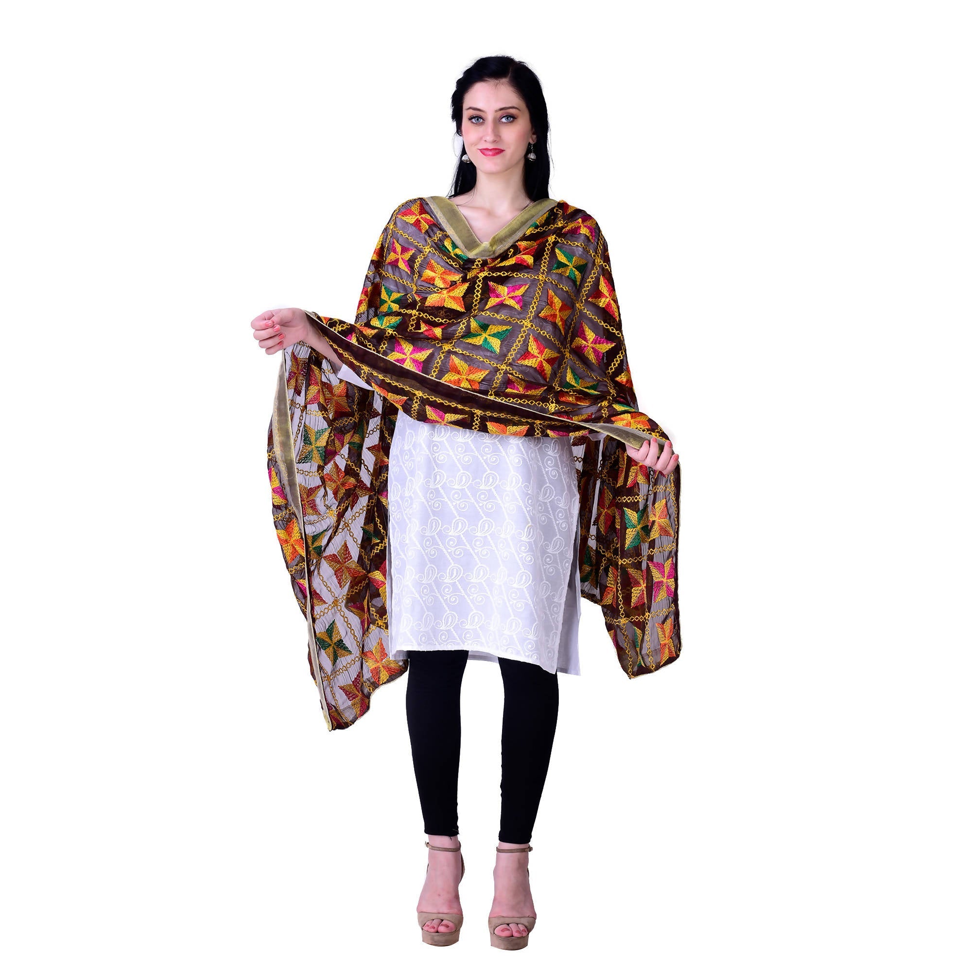 SWI Stylish Embroidered Phulkari Chiffon Coffee Color Dupatta | Grocsy