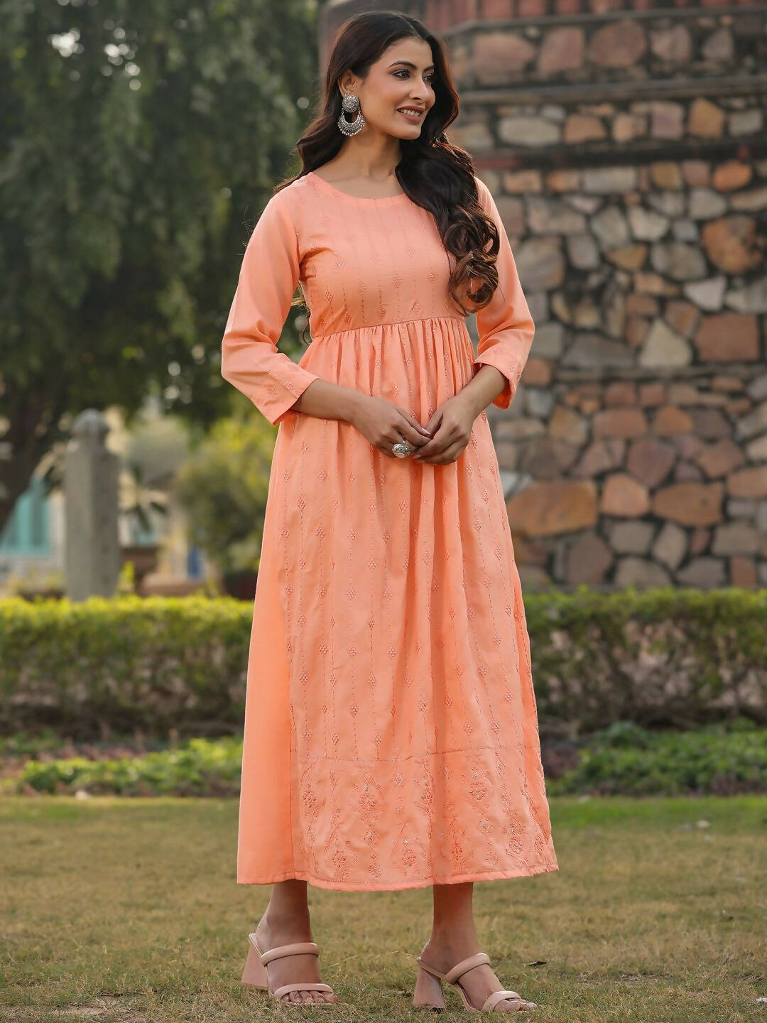 Juniper Women's Peach Festive Embroiderd Flared Dress | Grocsy