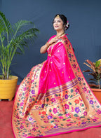 Jyoti Fashion Women's Pink Paithani Silk Zari Woven Saree with Blouse | Grocsy