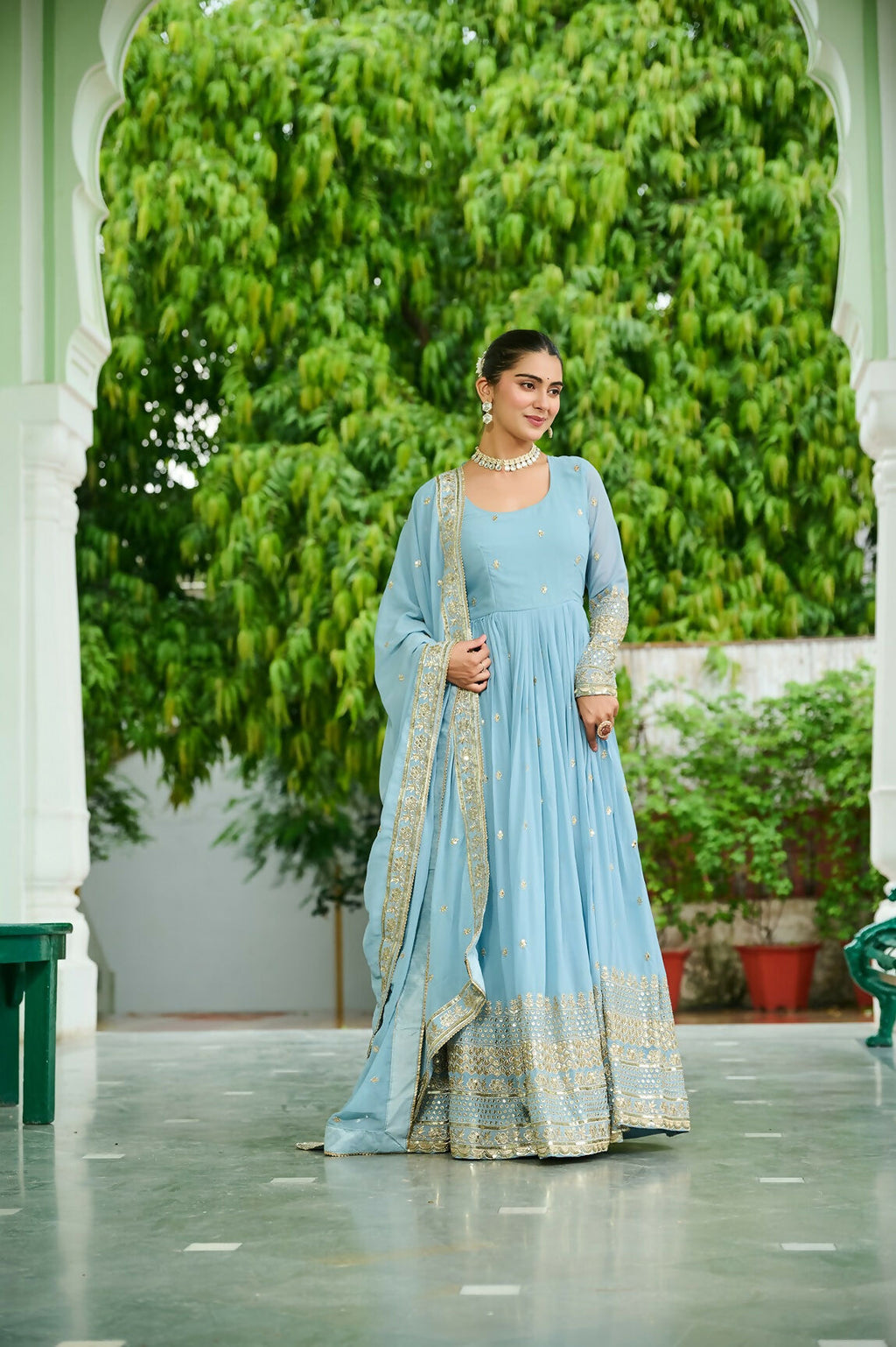 Joban Fashion Sky Blue Georgette Sequence Embroidery Work Kurta Set | Grocsy
