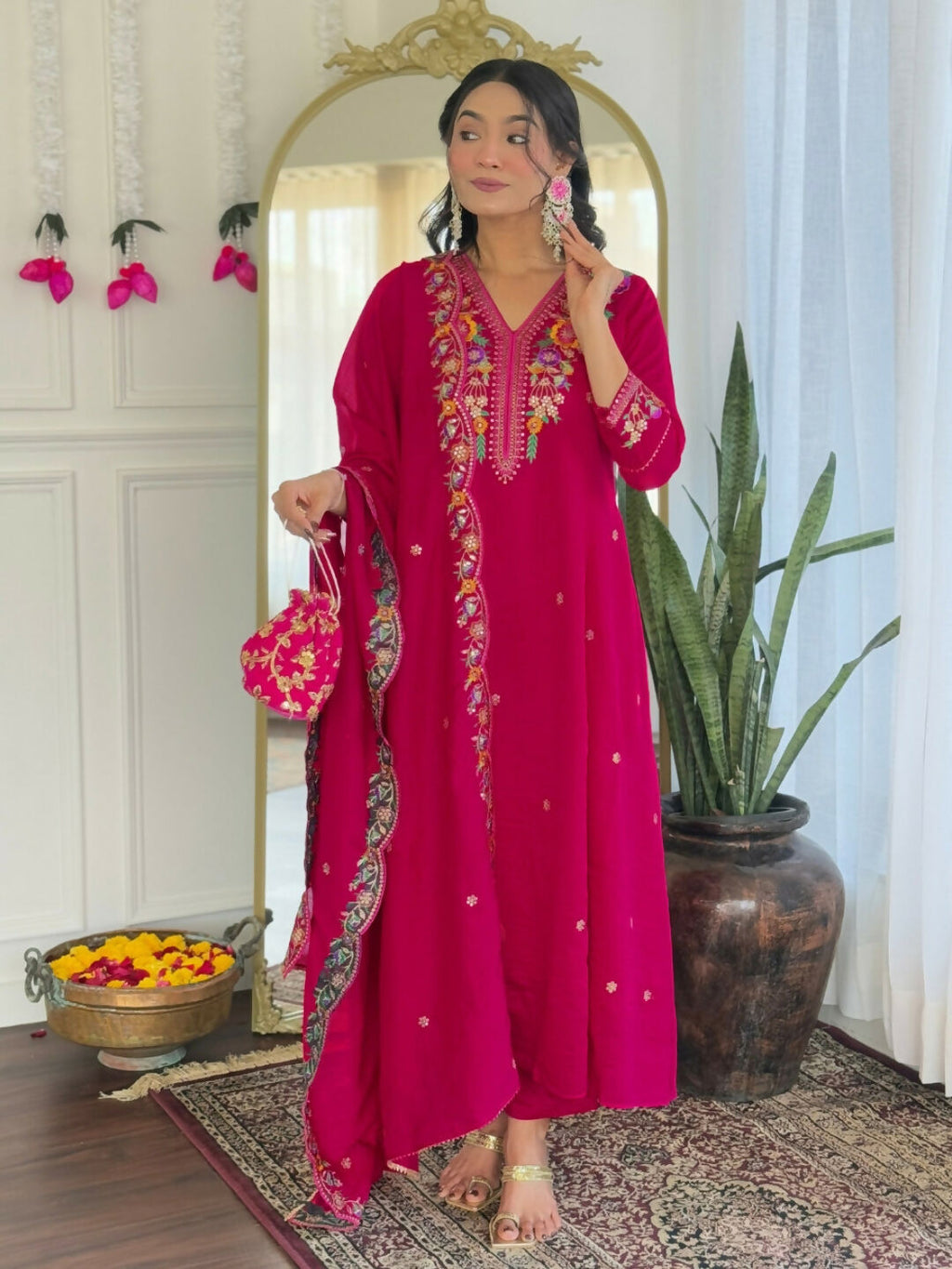 The52 Rani Women's Beautiful Embroidered Work Vichitra Silk Fabric Straight Kurta Pant and Dupatta Set | Grocsy