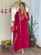 The52 Rani Women's Beautiful Embroidered Work Vichitra Silk Fabric Straight Kurta Pant and Dupatta Set | Grocsy