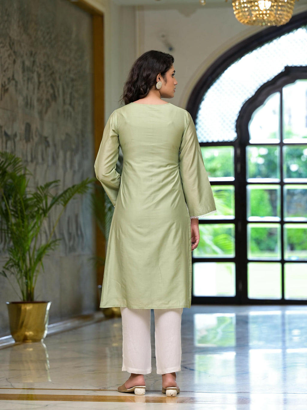 Juniper Women's Olive Thread Embroidered Viscose Kurta Palazzo And Dupatta Set With Thread & Mirror Work | Grocsy