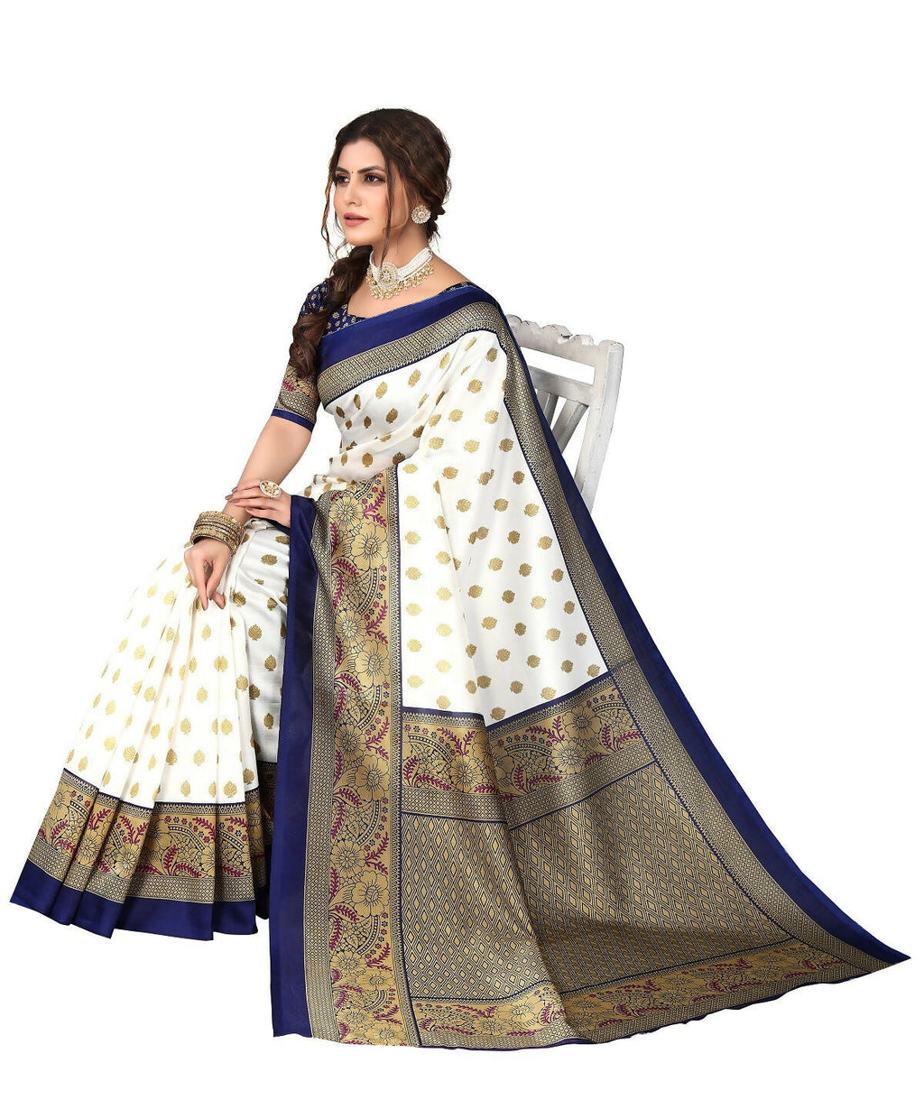 Vamika white & navy Printed Art Silk Saree | Grocsy