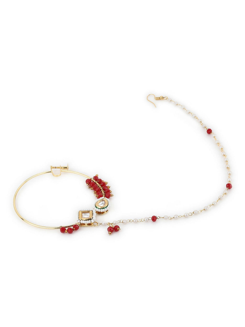Gold-Polished White Red Stone-Studded Pearl Beaded Nosepin - Ruby Raang | Grocsy