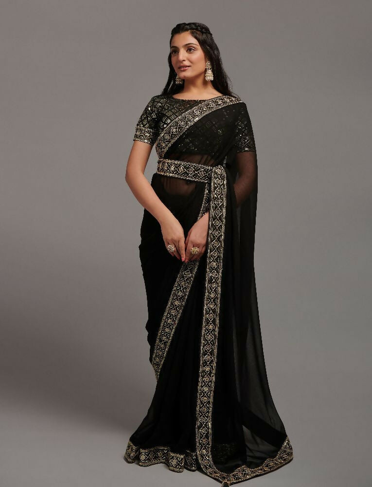 PR Fashion Black Zometo Embroidery Lace Saree | Grocsy